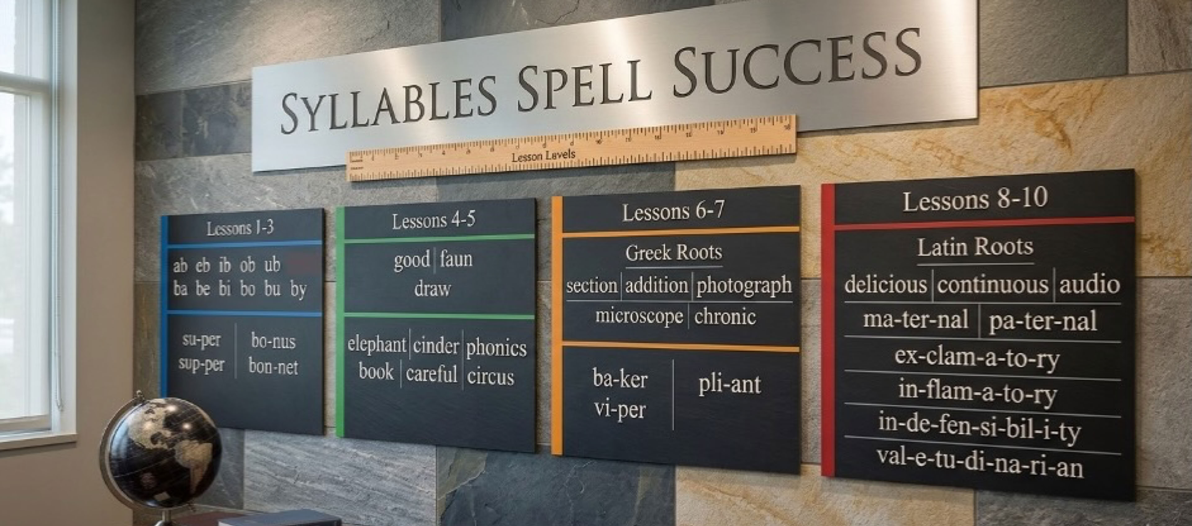 Picture of a classroom wall with words from the syllables lessons